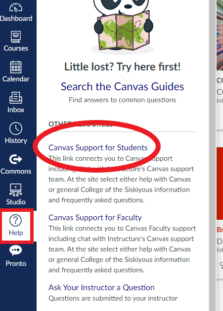 student support information from the canvas help icon located in the canvas main menu