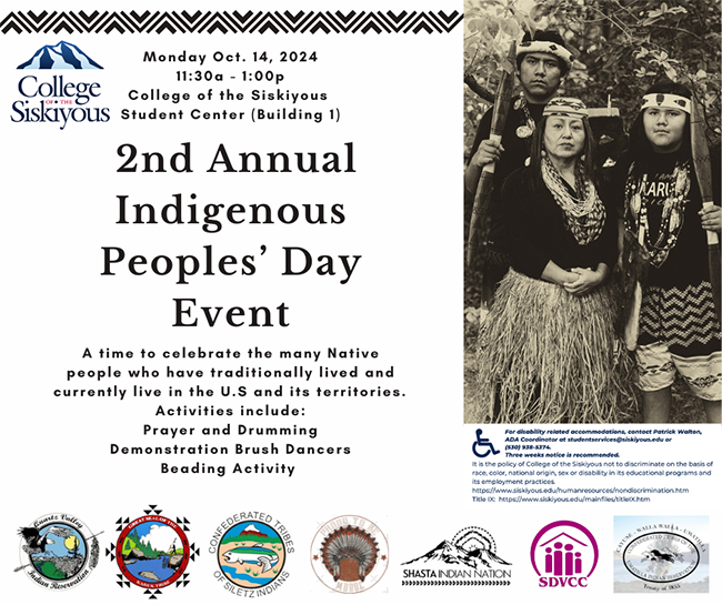 2nd Annual Indigenous Peoples' Day Event. Octover 14, 2024, 11:30 am - 1:00 pm.